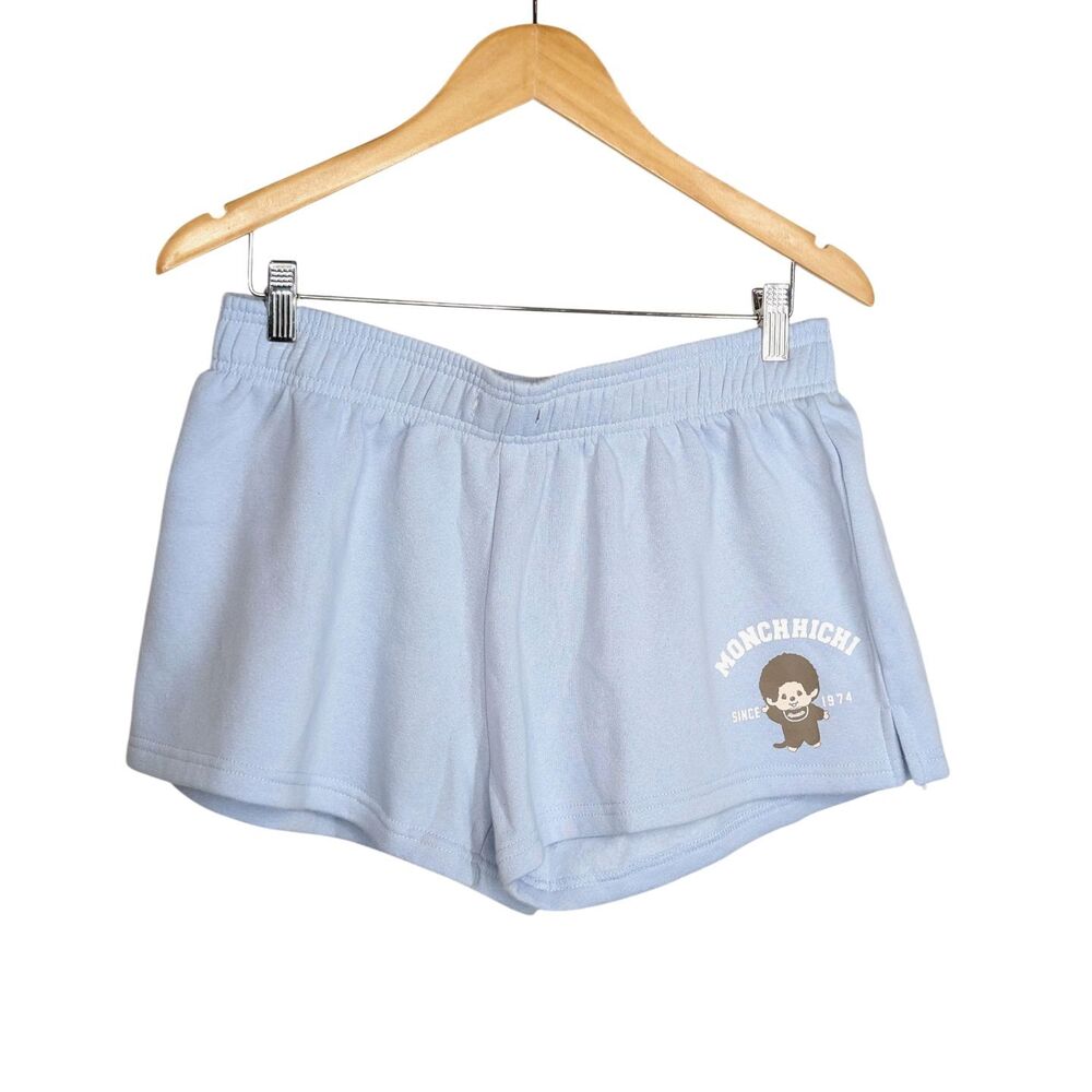 Monchhichi Baby Blue Sweat Shorts Wms XL Fleece Lined MISSING DRAWSTRING